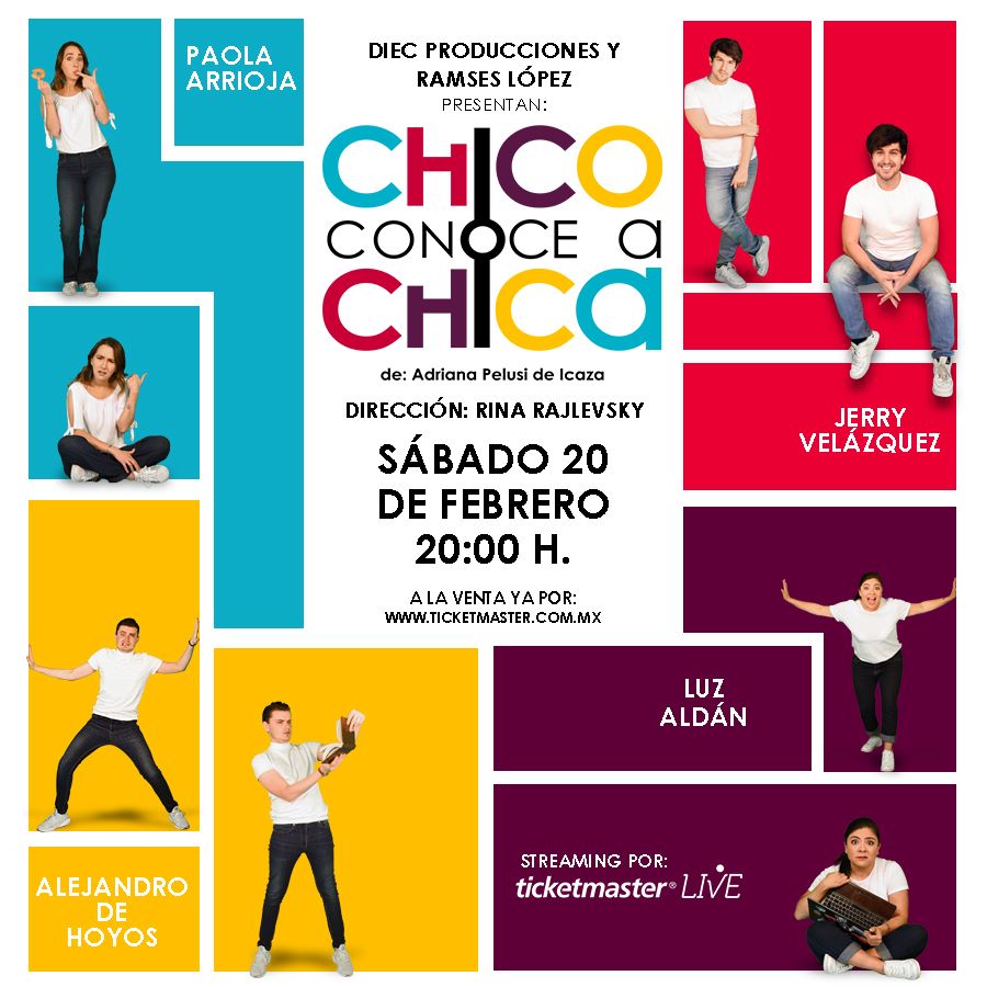 La obra #ChicoConoceAChica ofrecerá una función streaming el sábado 20 de febrero en #TicketmasterLive.  

@PaolaArrioja, @luzaldan,  @jerryvelazquez y @AlexdeHoyos  serán los protagonistas de la puesta en escena. bit.ly/3qFuqJc

@PinPoint_Com @Ticketmaster