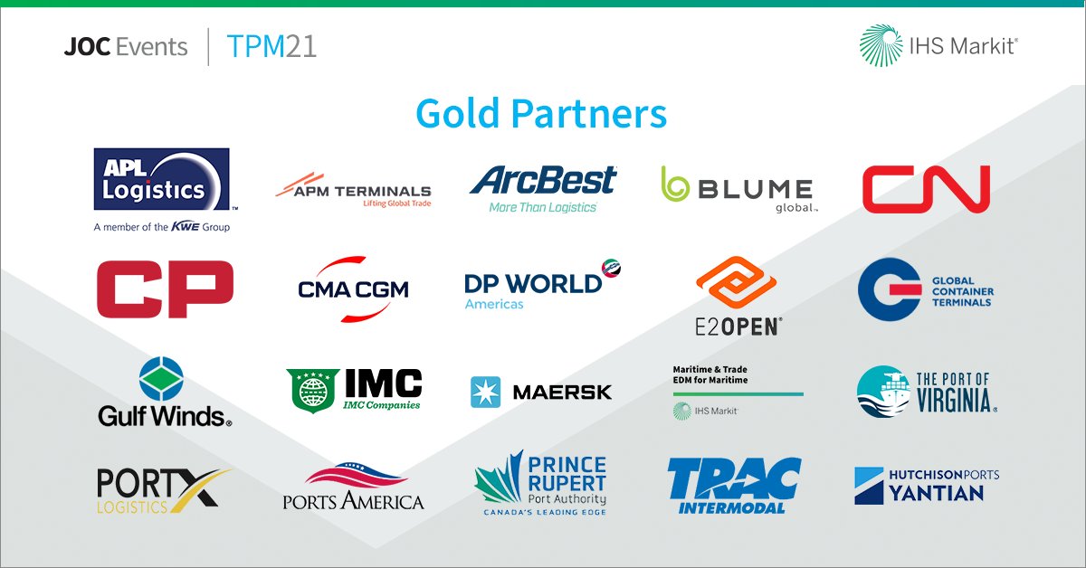 JOC_Events's tweet photo. Our #TPM21 Gold Partners! #APLLogistics @APMTerminals @ArcBestCorp @Blume_Global @CNRailway @CanadianPacific @cmacgm @DP_World @E2open @GCT_USA @GulfWindsInt #IMCCompanies @Maersk @IHSMarkit @PortofVirginia @PortXLogistics @pachesapeake @rupertport @TRACintermodal @HutchisonPPC https://t.co/vXO489JRAH
