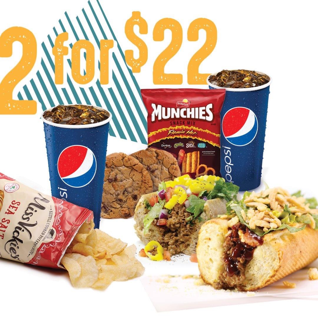2 meals for $22!
2 Regular size sandwiches
2 fountain drinks
2 cookies 
2 chips
Code 2422
Order: smilingmoose.com, mobile app or in store!