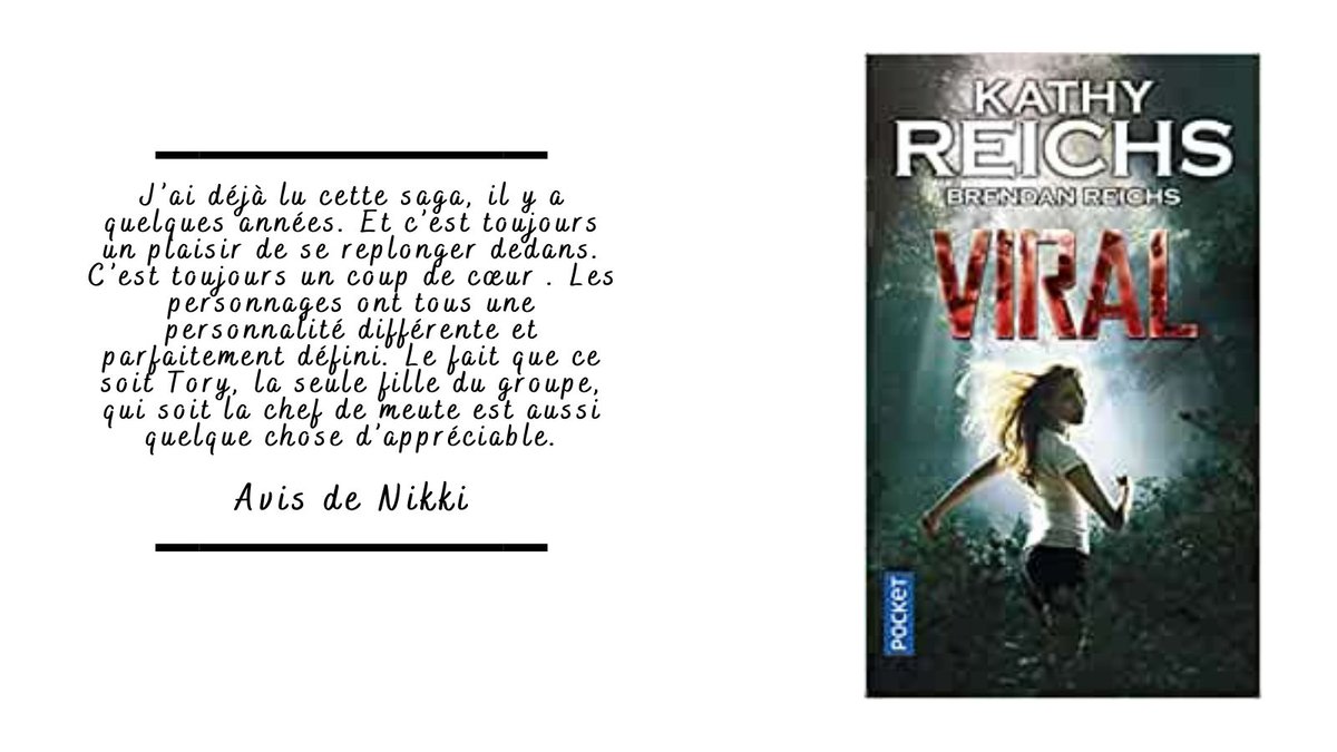 LectureMania's tweet image. * Nikki*
Aujourd&apos;hui, je vous partage mon #avis sur le #tome 1 de la #saga #Viral de @KathyReichs et @BrendanReichs 

#chronique cutt.ly/Ole8i9c

#loup #fantastique #policier #enquête #youngadult #adolescent #virus #disparition #meurtre #bones