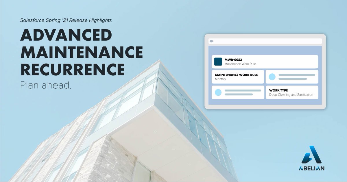Abelianus's tweet image. #SalesforceSpringRelease: Schedule reoccurring service with Advanced Maintenance Recurrence. Whether it is cleaning service, or maintenance of assets, schedule smarter with this new update. 
 #salesforce #businessstrategy #buildyourbusiness #OCtech