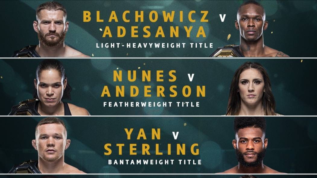 Polish Power Peter Yan against the improved Aljamain Sterling, Amanda Nunes defending her belt, taking on Megan Anderson and Israel Adesanya moving up from Middleweight. Can he capture the Light Heavyweight Title? Don't miss this! 

#mma #combat #news #ufc #fighting #blogs #uk https://t.co/8vQBmf0fxY