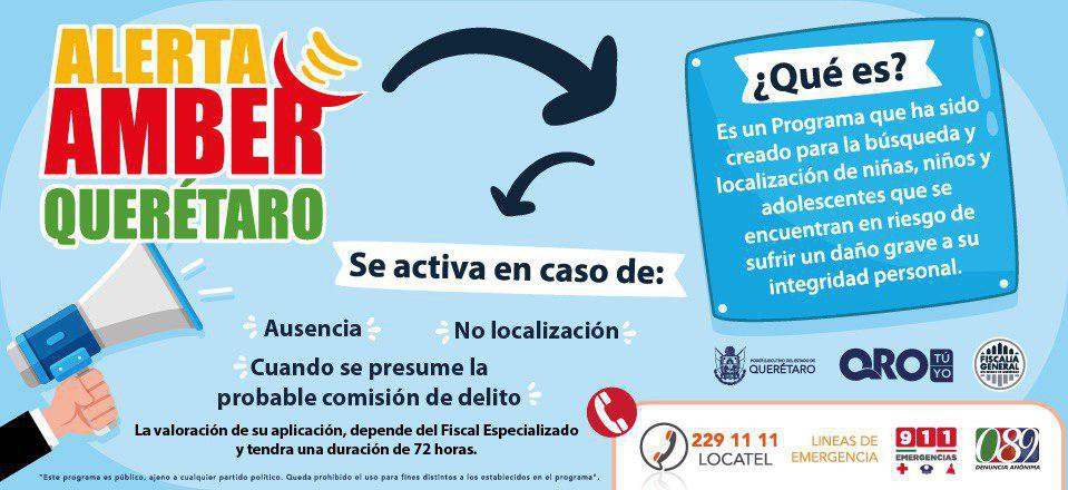 gobqro's tweet photo. La Alerta Amber es un programa creado para la búsqueda y localización de de niñas, niños y adolescentes que se encuentran en riesgo de sufrir un daño grave a su integridad personal. ¿Sabes cómo y en qué casos se activa? Encuentra aquí la información y compártela. #QroResponsable https://t.co/3rqibtugSC