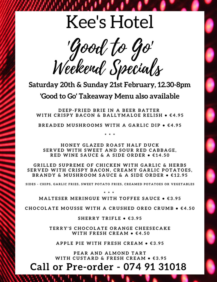 head_kee's tweet photo. Good To Go and Weekend Specials At Kee's Hotel @DonegalDaily @McElhinneys @KeesHotel @DonegalFood @foyandcompany @F_V_Voice https://t.co/GRQvdV3DxV