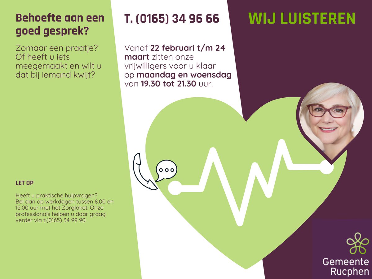 Vanaf maandag is onze luisterlijn op maandag- en woensdagavond tussen 19:30-21:30 u geopend. Mijn collega’s en ik bieden een luisterend oor of maken een praatje! #corona #hulp