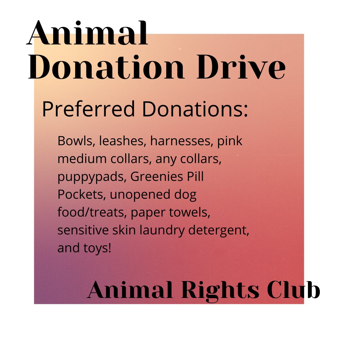 Animal Rights Club will be hosting an Animal Donation Drive this Saturday, 2/30.  Thank you so much!  We hope to see you this Saturday! #waiākeahigh