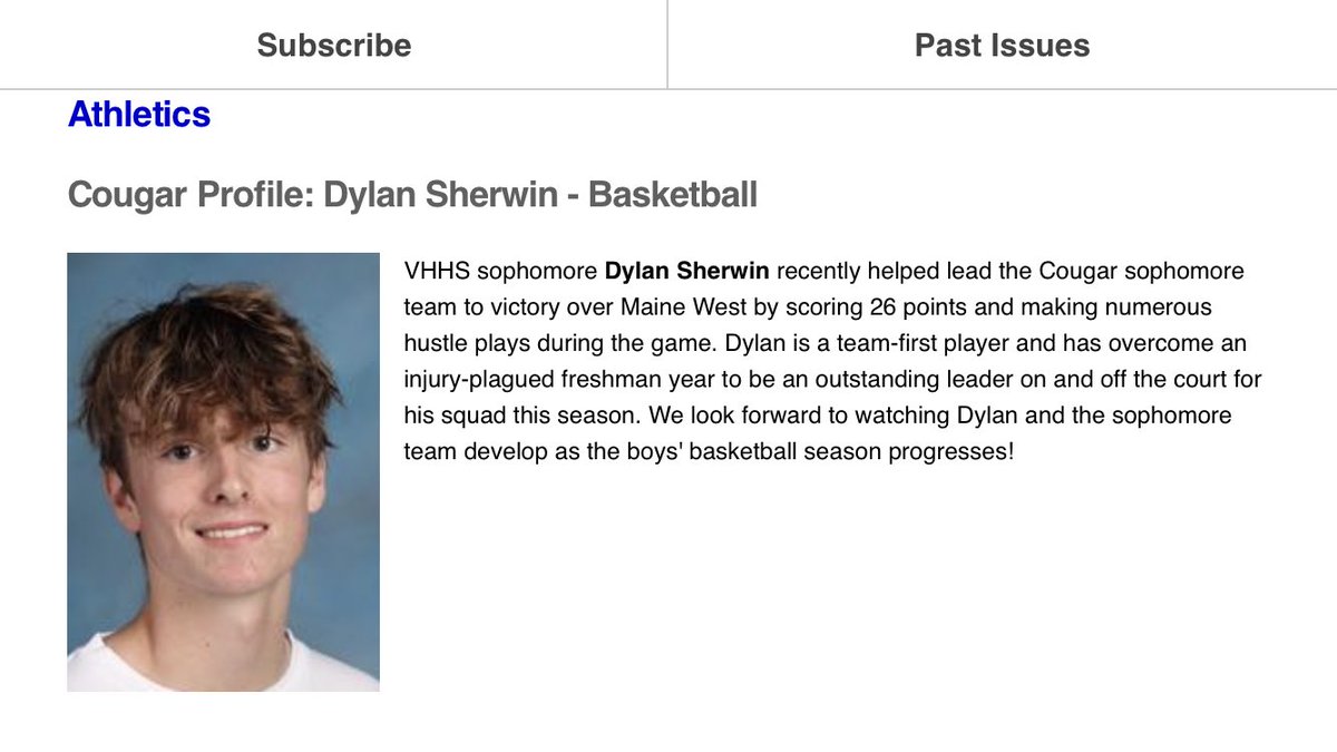 Congrats to sophomore Dylan Sherwin on his recognition in Paw Prints! Good luck to Dylan and his teammates tonight vs. Highland Park! Go Cougars!