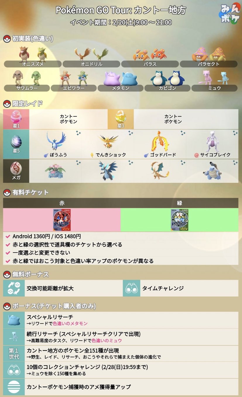 マジカルスタージョン カントーツアー 9時 21時 時間帯によって様々なポケモン出現 カントー地方色違い全実装 カビゴンがスナップショットから出現 限定リサーチ始動 限定レイドで三鳥とミュウツー レイドパス9枚配布 進化で御三家は