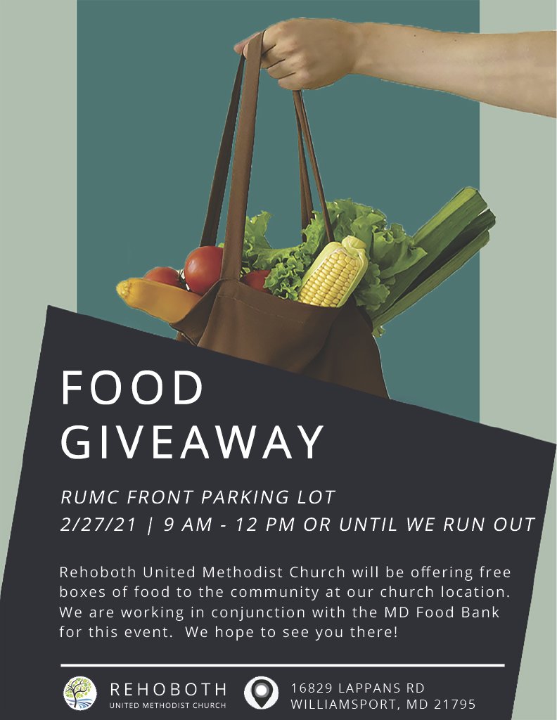 Helping spread the word for any family in need. 
Food Giveaway next Saturday (2/27) between 9am &amp; noon in #Williamsport at the Rehoboth United Methodist Church. <a href="/wcpsmd/">WCPS Maryland</a> <a href="/WCPS_BISFA/">WCPS BISFA</a> @BarbaraIngramFo