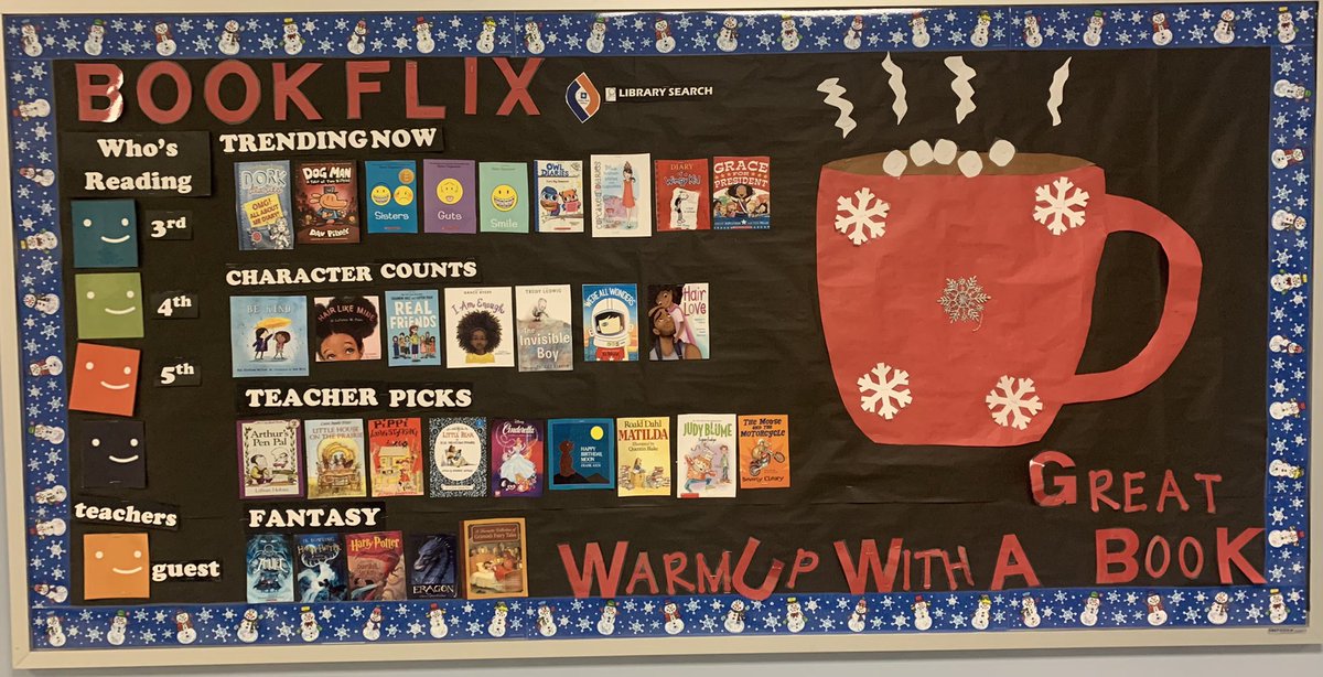 During this cold weather forget Netflix, try out Bookflix! Warm up with a great book! Awesome bulletin board Mrs. Mills! Media Rocks! #EDLD510S21 #ES5