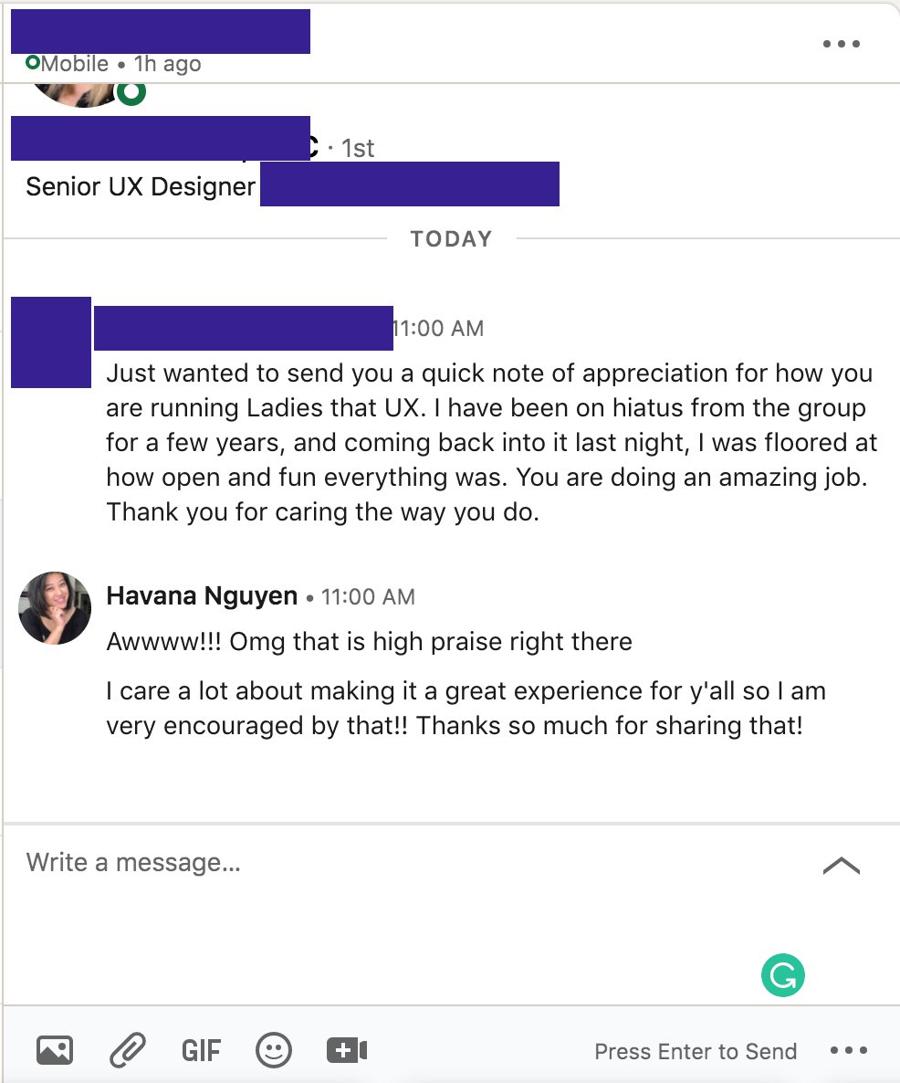 Our goal this year was to bring y'all solid, impactful content and amp up the community. Messages like these have been pouring in and we are thrilled our initiatives are working! 🥰 Join us March 18 for <a href="/tobamese/">zen lara | dimple power weilder</a>'s talk!  

meetup.com/Ladies-That-UX…