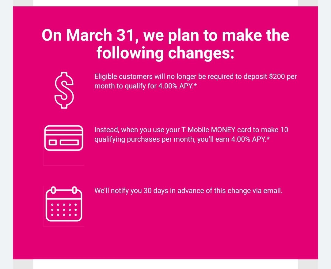 BalsFire's tweet photo. @TMobile just got an email about changes coming to #TMobileMoney requiring 10 purchases in a month instead of $200/month deposits to get the 4.00% APY. I don't see how this is good to those using it to save money. How about both options? Or is it about the interchange fees? https://t.co/goiiWljZ9L