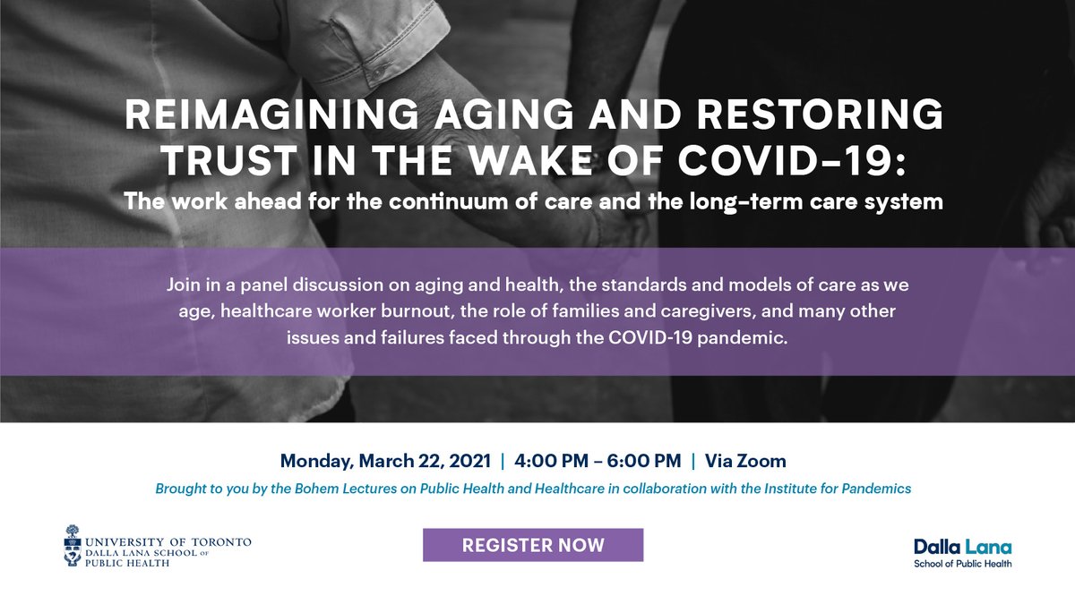 Don’t miss this important round table on aging &amp; health moderated by <a href="/picardonhealth/">André Picard</a>. This <a href="/UofT_dlsph/">U of T Public Health</a> event will focus on the continuum of care &amp; long-term care system with attention paid to issues laid bare by the pandemic. 

March 22 from 4-6

Register: eventbrite.ca/e/reimagining-…