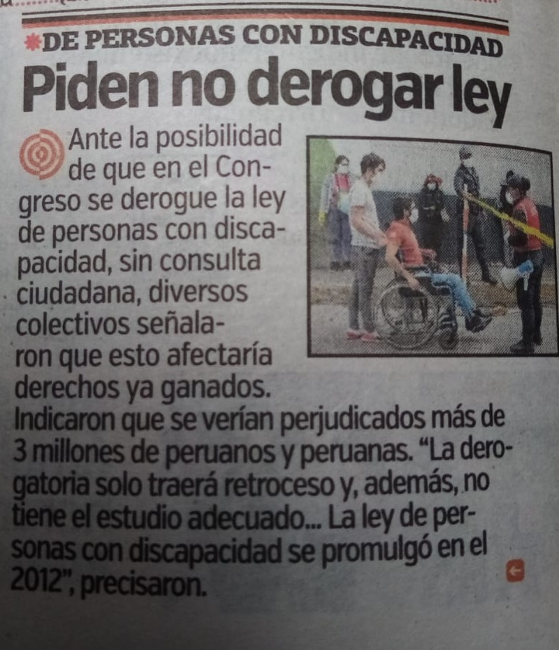 Compartimos la nota de <a href="/tromepe/">Diario Trome</a> sobre el riesgo de derogar la ley de personas con discapacidad
- Sin consulta 
- Con retrocesos en derechos 
-  En medio de la emergencia sanitaria
- Sin un análisis profundo 
#NoALaDerogatoriaDeLaLey29973
#Noempecemosdecero