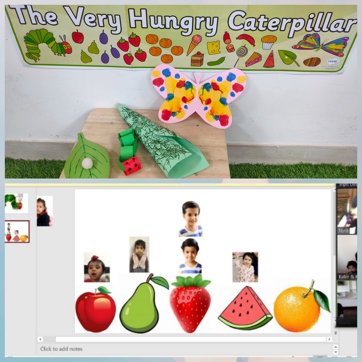 deswal_tripti's tweet image. PN Ss read the story ,The Very Hungry Caterpillar...made caterpillars,their cocoons and butterfly craft..did a fruit graph to know the most and the least liked fruit,caterpillar dot stamping and as a culmination did fingers and hand printing to show the lifecycle of a butterfly..