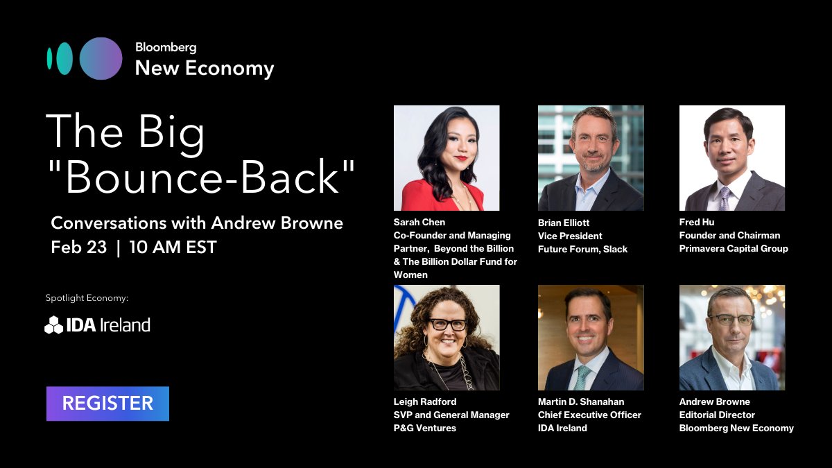 BBGNewEconomy's tweet image. Tune in LIVE next Tuesday for a discussion on the outlook for investing and innovation with leaders of @SlackHQ, @PGVstudio, @beyondbillion, @IDAIRELAND, and Primavera Capital Group. Register Now: trib.al/bPryXUN