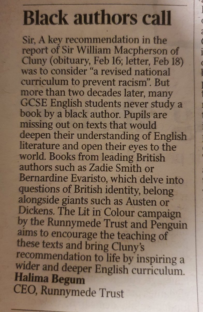 I was in my final term at university before I studied a single brown author. Proud to be involved with the #litincolour campaign run by @PenguinUKBooks @RunnymedeTrust. Letter from @thetimes today