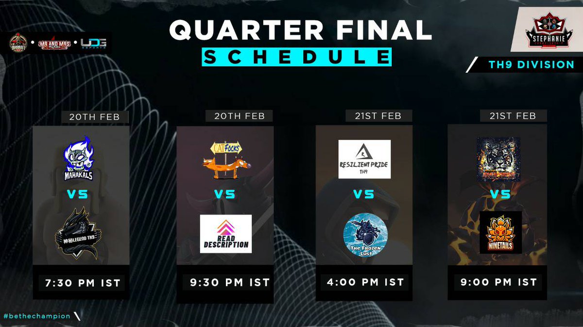MS_Esports_'s tweet photo. Stephanie Regional Championship 2021 -
TH 9 Division Quater Finals Schedule. Teams get your bases ready before it's too late !!
#keepclashing
#Clashofclans https://t.co/nnuT1g5Nt3