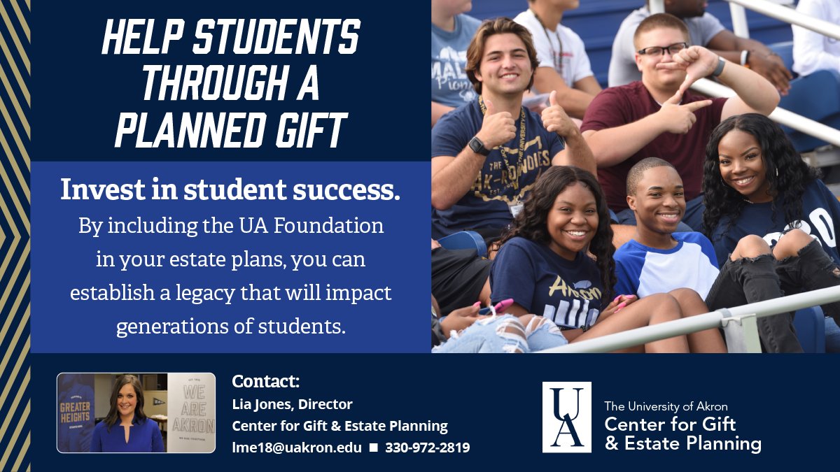 UAgives's tweet photo. What will your legacy be? If you want to help @uakron students succeed, consider a gift from your estate! Watch this video to learn how a little planning now can make a huge difference for generations of Zips. https://t.co/rxEiBG4GuP #UARiseTogether https://t.co/1i0Wf3Gv3N