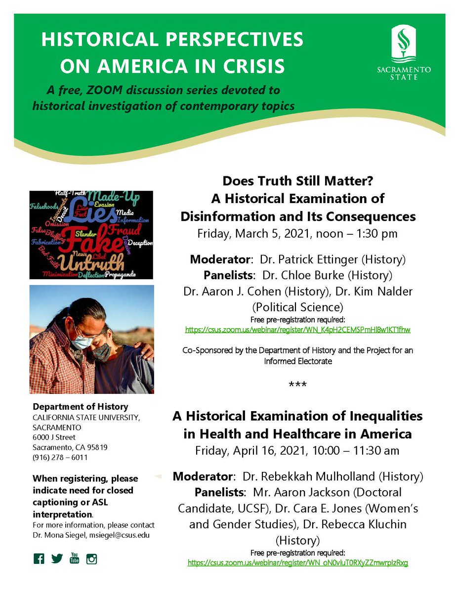 Friday! See you there?

Does Truth Still Matter?
A Historical Examination of Disinformation and Its Consequences

Friday, March 5, 2021, noon – 1:30 pm

Sponsored by <a href="/sacstate/">Sacramento State</a> Dept. of History and <a href="/PIESacState/">PIE Sac State</a> 

Register: csus.zoom.us/webinar/regist…