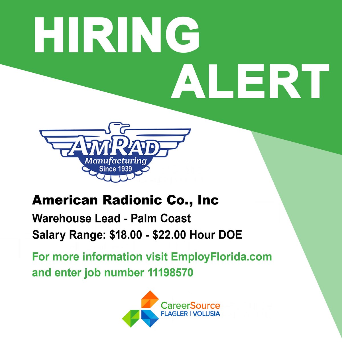 American Radionic Co., Inc. is #Hiring a Warehouse Lead.  Salary Range: $18.00 - $22.00 Hour DOE.

For more information visit EmployFlorida.com and enter #Job number 11198570
