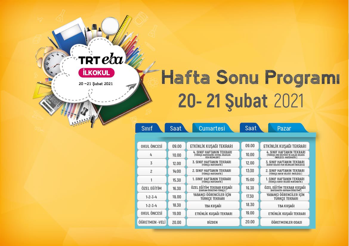 tcmeb's tweet photo. 📺TRT EBA Kanallarında Hafta Sonu 

👧🏼👦🏻İlkokul kanalında haftanın ders tekrarları, özel eğitim ve yetişkin kuşağı,

✍️ EBA ortaokulda haftanın özeti ve LGS hazırlık, 

📝Lise kanalında haftanın özeti ve YKS hazırlık kuşağı.

🗓 20-21 Şubat 2021 https://t.co/oGVWgN0dVD