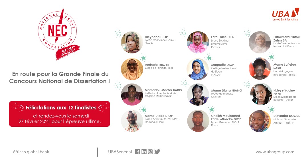 UBA_SENEGAL's tweet photo. 🎉 BRAVO aux finalistes du Concours National de Dissertation de @UBAFoundation 🥳 , qui remportent chacun 1 ordinateur portable.
À l'issue de la finale, les 3 meilleurs repartiront avec une bourse d'étude. Souhaitons leur bonne chance !
#NEC2020 #AfricasGlobalBank #ReadAfrica https://t.co/ftJ0BT5lwR