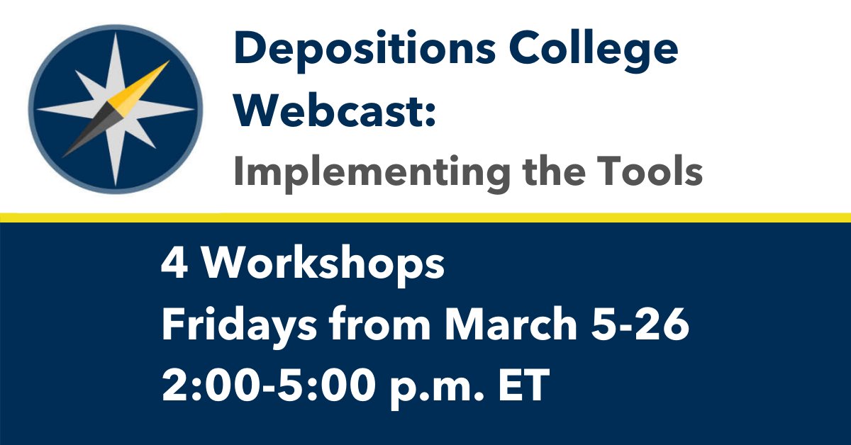 JusticeDotOrg's tweet photo. Depositions College starts on Fridays from March 5th-26th! This college includes new topics including taking corporate 30(b)(6) depositions, deposing both medical and non-medical experts, and more! Space for this program is limited. #AAJEducation https://t.co/Ca82RDd1Si https://t.co/pRSxag1MHK