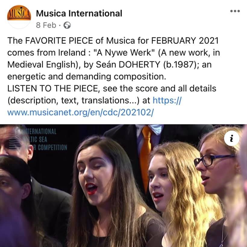 Delighted that Musica International have chosen my 'Nywe Werk' as their favourite piece of February 2021! This piece won the <a href="/ChoirandOrgan/">Choir & Organ</a> composition competition and is published by <a href="/cailinomusic/">Cailíno Music Publishers</a>. Can't wait to sing it again with <a href="/newdublinvoices/">New Dublin Voices</a>!