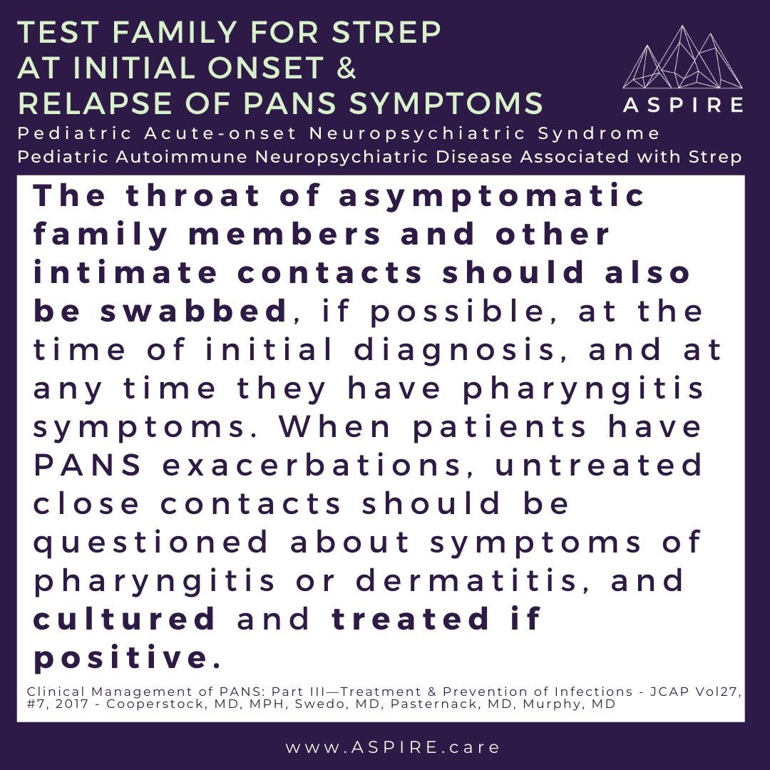 ASPIREpans's tweet photo. Test families for strep during initial symptoms and flares.

Treatment for PANS involves 3 complementary modes of intervention &amp; must be individualized.
https://t.co/Ft5GzMpADR
#panspandas #pandaspans #ocd #anxiety #odd #adhd #agression #developmentalregression #separationanxiety https://t.co/7XLqP0p3Lm