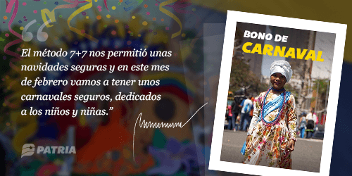 Continua la Entrega del Bono de Carnaval enviado por nuestro Pdte.@NicolasMaduro a través del Sistema @CarnetDLaPatria. La entrega tendrá lugar entre los días 13 al 20 de febrero de 2021. Carnet de la patria #PuebloEnPieDeLucha