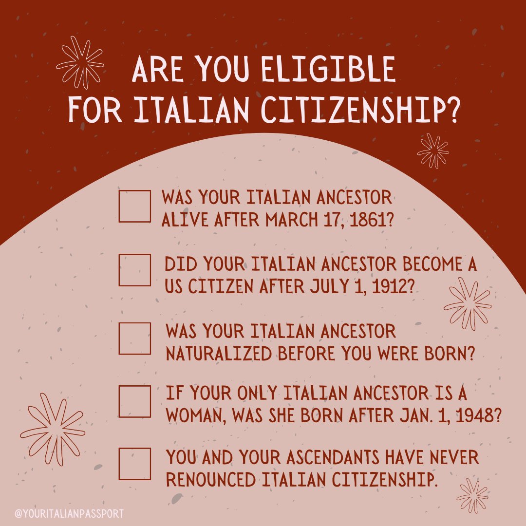 yourITpassport's tweet photo. Are you eligible for Italian Citizenship? If you answered YES to all, then YES you are eligible! PM us for more info!
#italiancitizenship #dualcitizenship #italian #italianamerican  #citizenshipqualifications #youritalianpassport #youritalianheritage #yourheritage #familyhistory https://t.co/6w1q5rgs5o