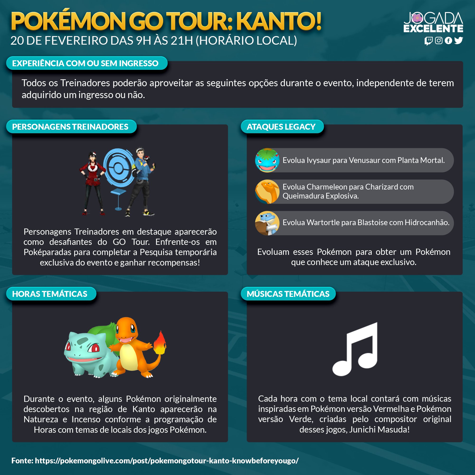 Jogada Excelente - PLANTÃO POKÉMON GO TOUR: KANTO ⠀ O evento será dividido  em cinco blocos de horas com temas diferentes, baseados nas localizações da  região de Kanto. ⠀ Alguns Pokémon apenas