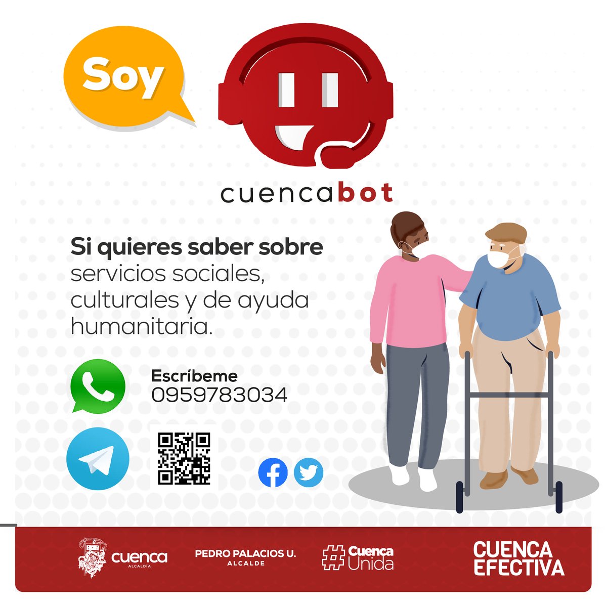 MunicipioCuenca's tweet photo. ¿Requieres saber sobre los servicios que brinda el Municipio de Cuenca?
Escríbeme, soy #CuencaBOT.
#CuencaEfectiva
#CuencaUnida https://t.co/wi8fcXR9GZ
