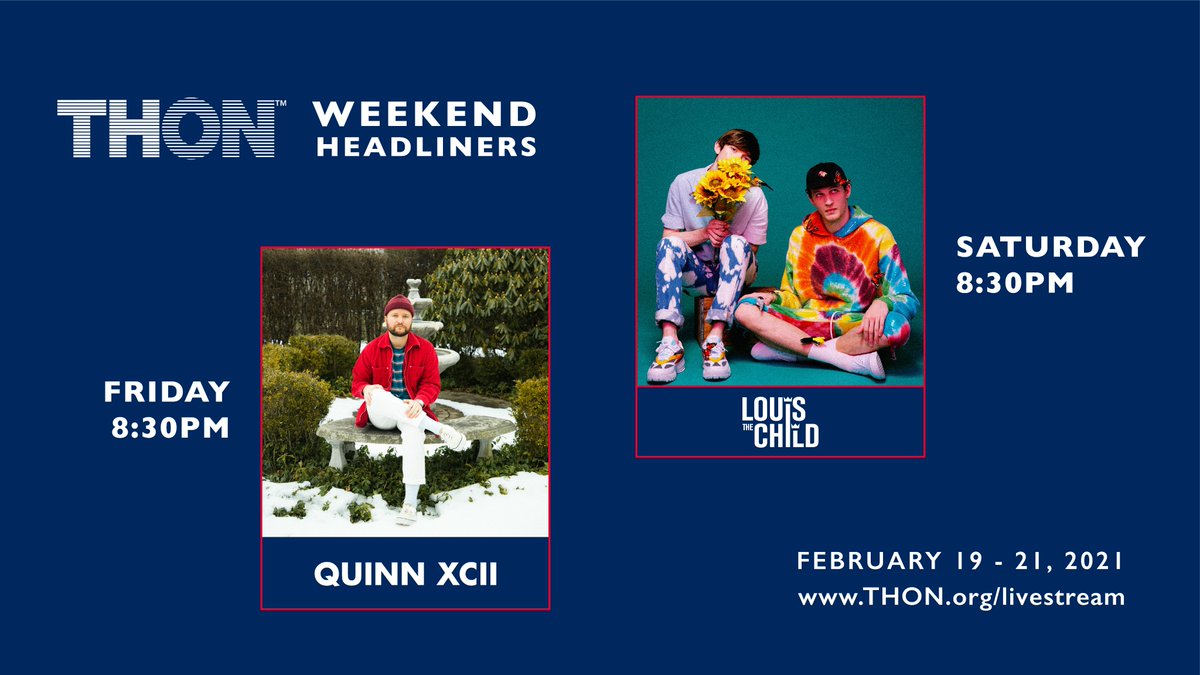 THON's tweet photo. Tune in to the THON Weekend 2021 livestream at 8:30 PM on both Friday and Saturday to hear performances from @QuinnXCII and @LouisTheChild powered by @PNCBank! https://t.co/W8ygICipfQ