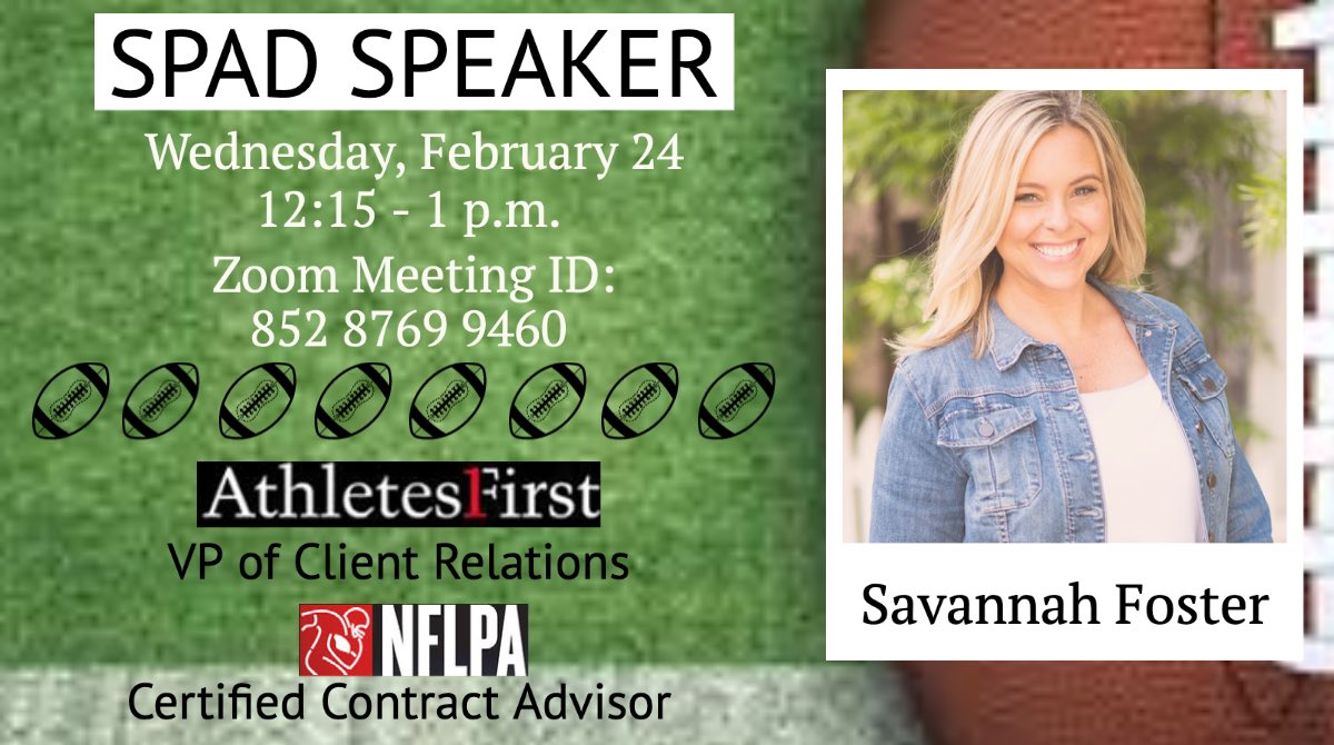 🚨Wednesday, February 24th!🚨

We are excited to welcome our second SPAD Speaker of the month, #UofLAlumni Savannah Foster ’07!

Savannah is the Vice President of Client Relations at Athletes First and is a certified contract advisor with the NFLPA.

Be sure to Zoom in‼️