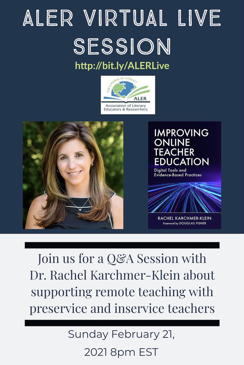 Don’t forget our event Sunday night at 8pm EST with <a href="/RKarchmerklein/">Rachel KarchmerKlein</a>! Use this link to access the livestream session bit.ly/ALERLive  retweet to share with colleagues. Give a like if you plan to attend.