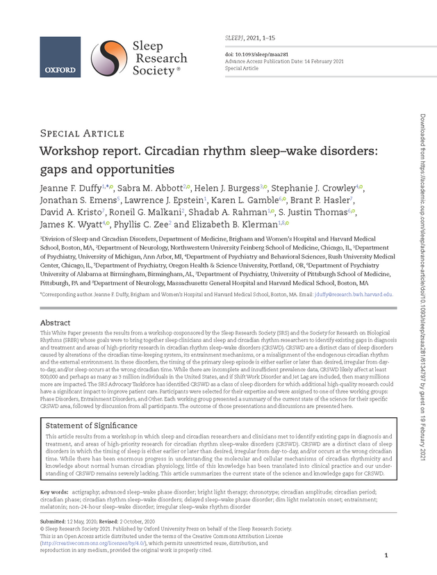 This white paper presents the results from a workshop cosponsored by the SRS and the Society for Research on Biological Rhythms to identify existing gaps in diagnosis &amp; treatment &amp; areas of high-priority research in circadian rhythm sleep–wake disorders. ow.ly/Jess50DF1FO