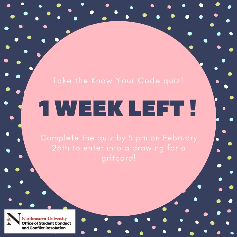 OSCCR_NU's tweet photo. There's only 1 week left to take the Know Your Code quiz! Living on-campus? Take the quiz here https://t.co/9PHKPzH0KM. Living off-campus? Take the quiz here https://t.co/RIOMwCdTp0 https://t.co/eGqYa6nYM5
