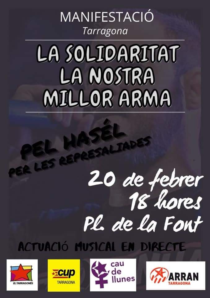 CDRCampTGN's tweet photo. Per la #LlibertatPabloHasel.
Per la fi de la repressió i la brutalitat policial.
Per la llibertat d'expressió. 
Tombem el règim del 78.
🎼 Amb les actuacions d'Akila i Fetitxe 13.
🎤 Amb el parlament conjunt de Crim, Dames i Vells, Eterns, Julivert, Roba Estesa i Tornavís Teatre. https://t.co/krkPtvQJsU