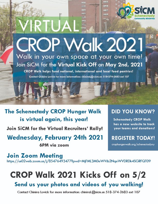 Join us @ 6PM tonight for the Schenectady #CROPWalk Recruiters' Rally! CROP Walk is virtual this year and there are big changes! If you are interested a being a team leader or want to learn more about the CROP Walk click the link at 6PM us02web.zoom.us/j/85476493477?…