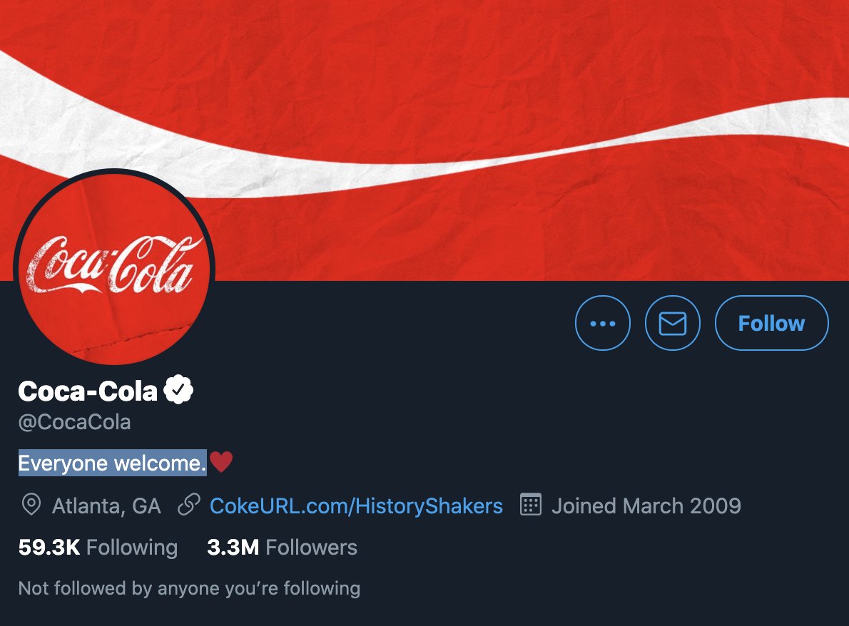 VivekGRamaswamy's tweet photo. "Everyone welcome."

*unless white

– @CocaCola https://t.co/p5BkkUCbea
