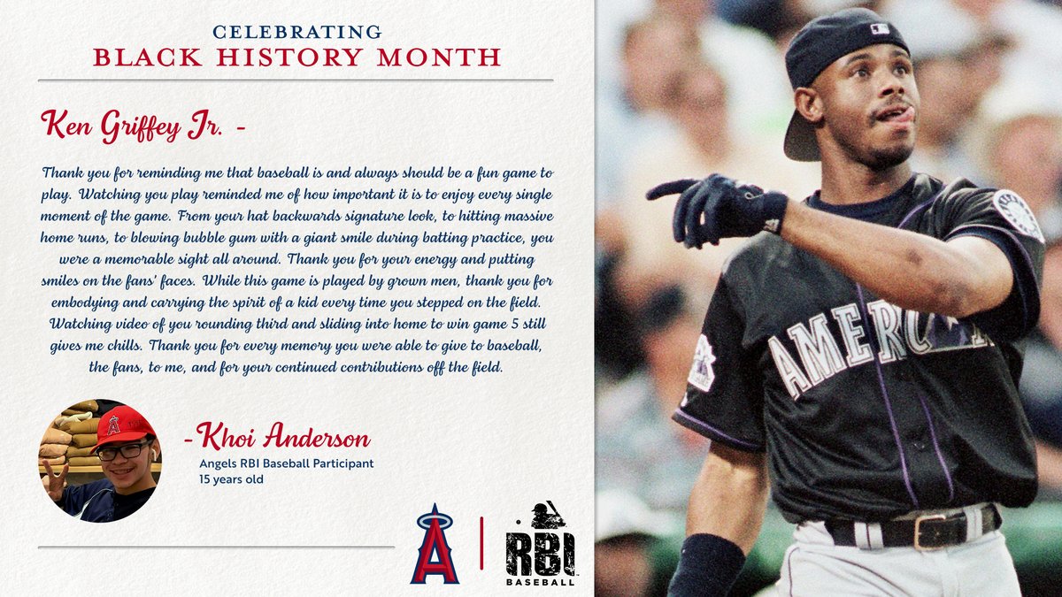 "The Kid" was the face of a generation for young baseball fans. His style and ability made Ken Griffey Jr a role model for players everywhere. <a href="/AngelsRBI/">Angels RBI League</a> participant, Khoi, writes about Junior's influence on him in this week's letter. <a href="/Angels/">Los Angeles Angels</a> #BlackHistoryMonth