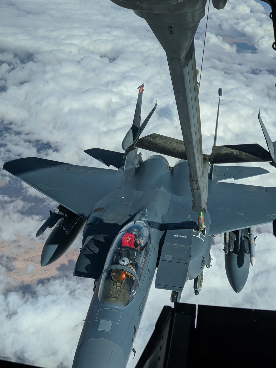 vmialumni's tweet photo. Always good to see a friendly face (and flag): Rod James ’04 flew close air support missions over Iraq and Syria in 2020. During the deployment, Derek Rankin ’05 refueled James’ flight of F-15Es in the air. 
#VMIalumni #RahVaMil https://t.co/V8oPs3m8vI