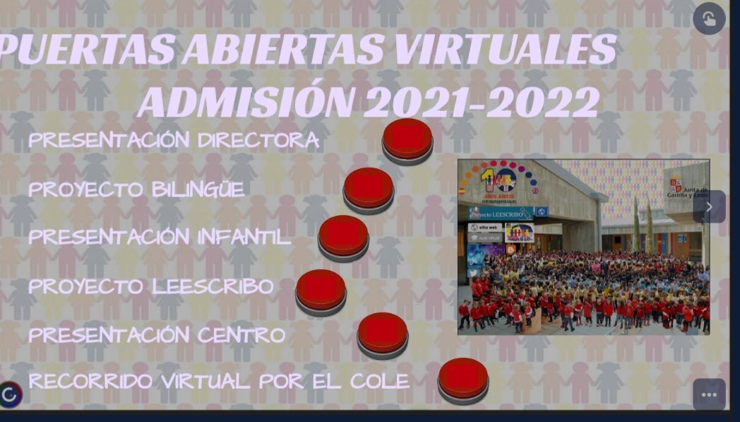 CeipMargaritaSa's tweet photo. Os invitamos 🚪a una visita virtual completa ➡️ por nuestro cole 🏫, no dejes de hacer clic en cada botón 🔴 y escuchar las explicaciones y proyectos q presentamos ❤️ https://t.co/3p3OFlBTWL
@educacyl @AmpaMargarita #centroseducacyl @AytoArroyo https://t.co/yYJVitHW4I