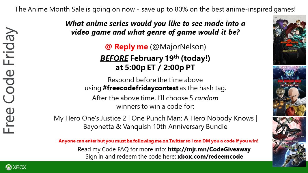 Larry Hryb On Twitter Freecodefridaycontest Time Read This And You Could Win Codes For A Collection Of Anime Titles On Xbox One Xbox Series X S Good Luck Https T Co Vwplbirp9b