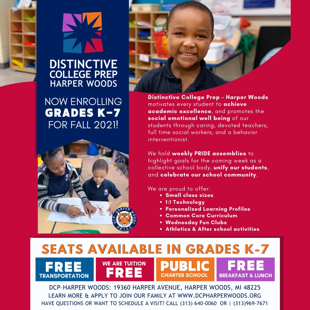ENROLL TODAY! 
Distinctive College Prep Harper Woods is accepting applications for  grades K-7 for the 21-22 school year! Spaces fill up fast so get your application in today and plan to join us for one of our virtual open house events! 
dcpharperwoods.org  #Wearedistinctive