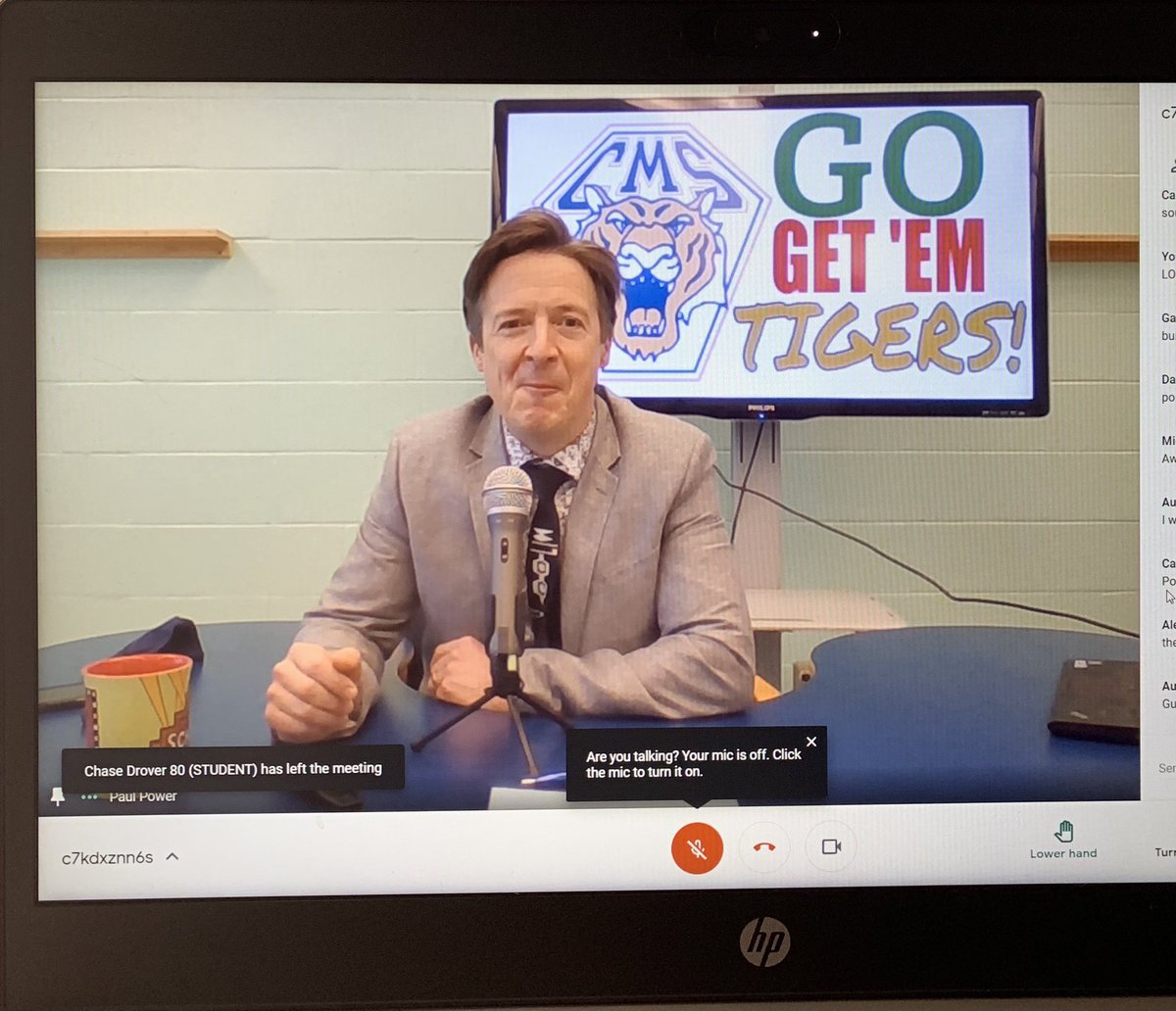 MsSabSue's tweet photo. I think someone beat me to it but this was one of the best parts of our day! Our VP @pauljmpower rocked our @CMS_Tigers homeroom Google Classroom with broadcasting charm! Suit, tie, lights and camera ready!! Absolutely fantastic! I think I took the best picture☺️. #cmsRocks https://t.co/nsjjlTQI29
