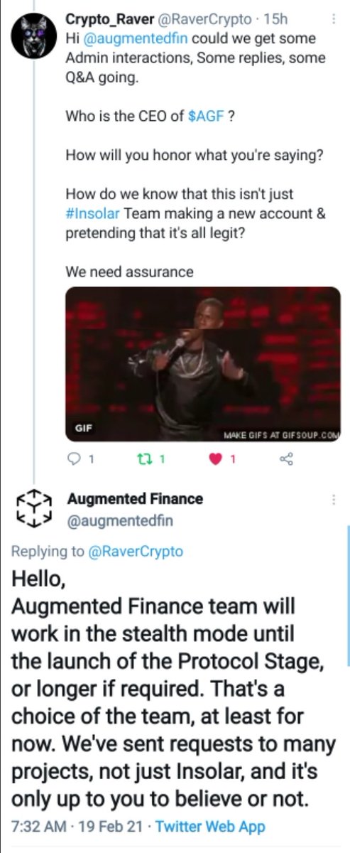 RaverCrypto's tweet photo. @ItsVikramTV I bought some yesterday when they were tweeting things, but after finding out that #Insolar blocked me & Augment Finance replying like Insolar usually does & saying that they were going to be "stealth mode" that just gave even more of a red flag
I lost $25k I'm out
They are cons https://t.co/Cix0OTUHKm
