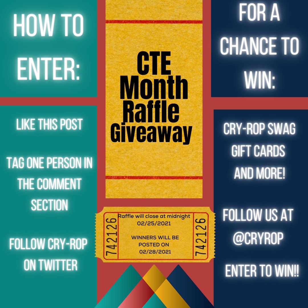 CRYROP's tweet photo. #CRYROP Raffle time!  Celebrate #CTEMonth! Win swag, gift cards &amp; more.  Follow the directions on how to enter. Raffle ends on Feb. 25th. #CareerTechEd #Proud2bCTE @ColtonJUSD @RedlandsUSD @YCJUSTWEETS @SBCCDcolleges @CVHSBlackhawks_ @Tesla @Apple @GTHSTitans @_IERCC @IEEP_ https://t.co/w0UgJ0WykT